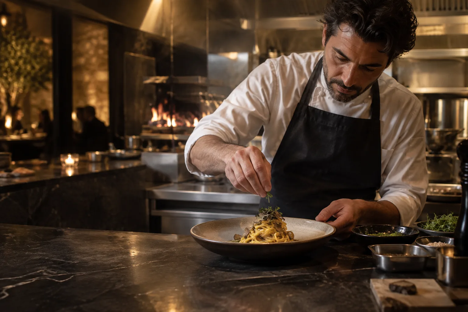Koch der Osteria Lume beim Anrichten eines Pastagerichts